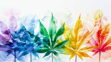 Fototapeta na wymiar A colorful artistic representation of cannabis leaves in a gradient from blue to red, depicting a watercolor style effect.
