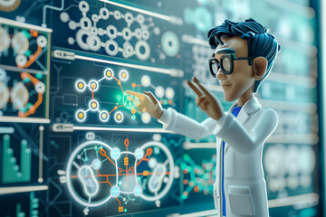 Scientist Pointing at Screen in Lab