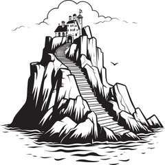 Coastal Climb Rocky Island Stair Logo Icon Seaside Sojourn Stair Symbol on Rocky Island