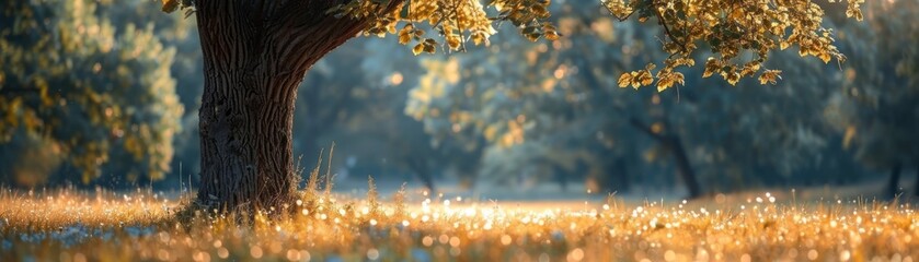 Sunlit tree in serene autumn field - A warm sunlight filters through an oak tree onto a serene, dew-kissed field on an autumn morning, depicting tranquility - obrazy, fototapety, plakaty