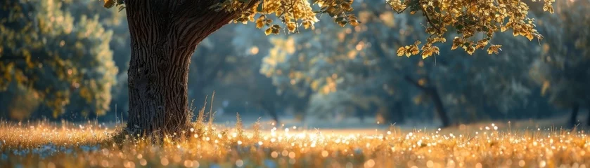 Fotobehang Sunlit tree in serene autumn field - A warm sunlight filters through an oak tree onto a serene, dew-kissed field on an autumn morning, depicting tranquility © Mickey