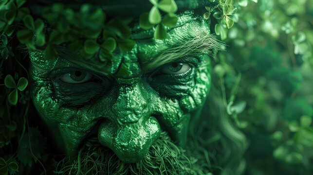 Enigmatic Green Man Emerges from Verdant Foliage, His Eyes Reflecting the Mysteries of Nature and Mythology