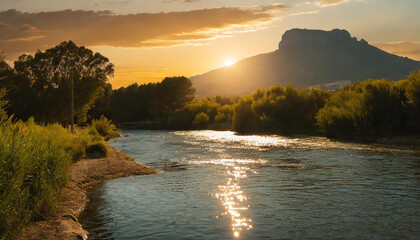 P&ocirc;r-do-sol, paisagem relaxante, rio calmo