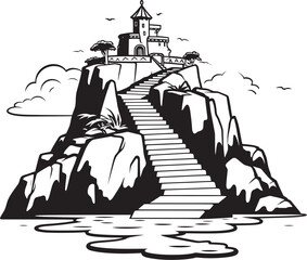 Shoreline Stairs Rocky Island Stair Logo Design Horizon Hike Stair Icon on Rocky Island Logo