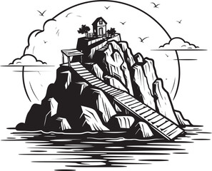 Island Escapade Stair Emblem on Rocky Outcrop Shoreline Stairs Rocky Island Stair Logo Design
