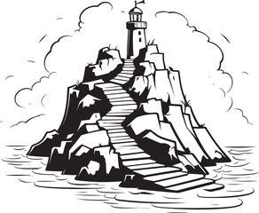 Clifftop Climb Rocky Island Stair Logo Design Island Odyssey Stair Symbol on Rocky Outcrop