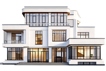 Modern house in art deco style, white color with black windows and brown accents, isolated on the white background