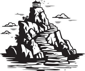 Seashore Summit Stair Logo Design on Rocky Island Summit Serenity Stair Emblem on Rocky Outcrop - obrazy, fototapety, plakaty