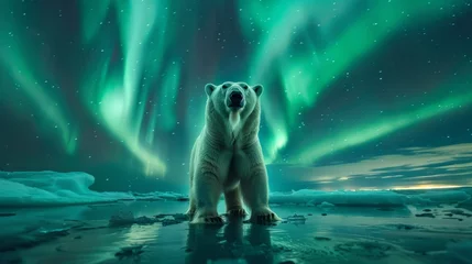 Fototapeten Majestic polar bear on ice floe under northern lights, showcasing power with wide angle lens © RECARTFRAME CH