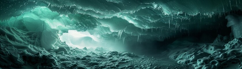Otherworldly icy cave with ethereal light - An enchanting icy cave scene with a mystical ethereal light providing a magical atmosphere within the frozen landscape - obrazy, fototapety, plakaty