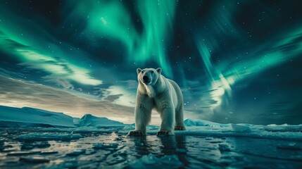 Majestic polar bear on ice floe under northern lights  power and beauty captured in wide angle shot - obrazy, fototapety, plakaty