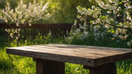Naklejka premium Spring beautiful background with green lush young foliage and flowering branches with an empty wooden table on nature outdoors in sunlight in garden