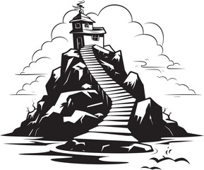 Coastal Connection Stair Design on Rocky Island Island Odyssey Stair Iconography on Rocky Outcrop - obrazy, fototapety, plakaty