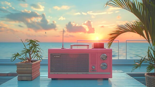 Lofi radio background music with chill vibes under coconut trees on a summer beach. seamless looping 4k time-lapse animation video background