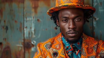 An artistic portrait of a man in a vibrant, patterned outfit, his pose and expression reflecting his unique personality, against a simple backdrop