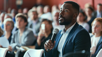 Man with microphone asking question during a seminar. - obrazy, fototapety, plakaty