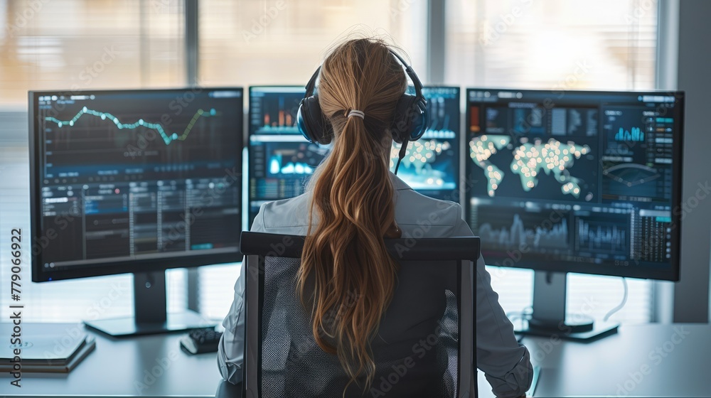 Aufkleber Rear view. A female network operator sitting in a office watching a worldwide network dashboard screen. Generative AI.