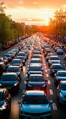 Obraz premium Heavy traffic on a city street during a sunset, causing congestion with rows of cars waiting.