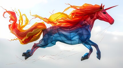 A mystical unicorn kite prancing through the air, its mane and tail flowing behind it in the wind