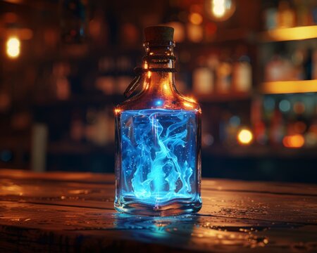Mystical potion bottle with ethereal blue flames - This image captures a magical essence with a potion bottle emitting a mysterious blue flame, creating an enchantment vibe