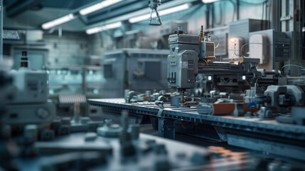 Fototapeta premium A busy plastic molding factory with molding machines and molds, momentarily paused but ready to produce plastic products of various shapes and sizes