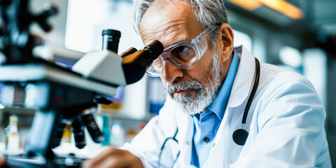 Focused senior scientist with glasses examining a sample through a microscope in a laboratory setting.