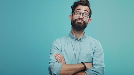 Man having doubts and with confuse face expression on pastel blue background 