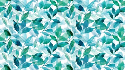 Aquarelle leaf tapestry in a duet of peacock green and powder blue, on a white stage, - obrazy, fototapety, plakaty