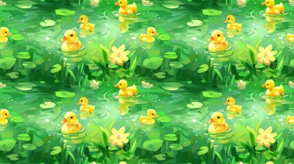 Baby ducks in a pond, cute and serene, vibrant greens