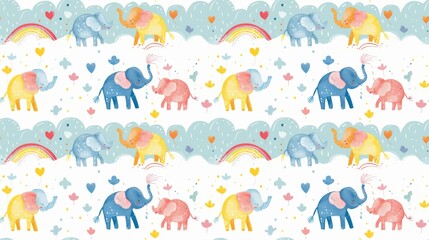 Baby elephants spraying rainbows, joyful waterplay, vivid