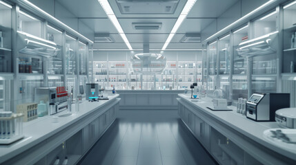 A state-of-the-art pharmaceutical quality control laboratory with advanced testing equipment and validation systems, momentarily unoccupied but ready to ensure the safety and efficacy of medications