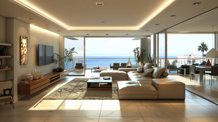 Ampio soggiorno minimalista con finiture in cemento, ampio e lussuoso divano, grandi vetrate  e luce naturale