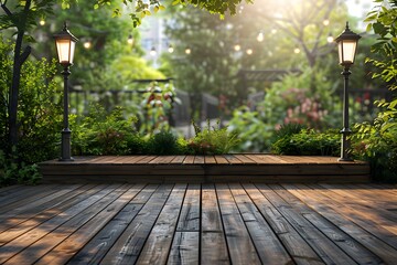 wooden deck wood backyard outdoor patio garden landscaping. Outdoor empty wooden patio with balustrade and lamp post in garden. Wood deck and backyard landscaping of house. - obrazy, fototapety, plakaty
