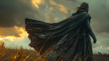 An artistic shot of a boy in a flowing, dramatic cape, his pose dynamic and expressive, against a stark, dramatic sky
