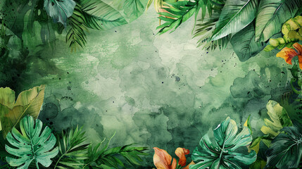 Rigogliose foglie tropicali di colore verde intenso creano un bordo su uno sfondo verde  con spazio per il testo. - obrazy, fototapety, plakaty