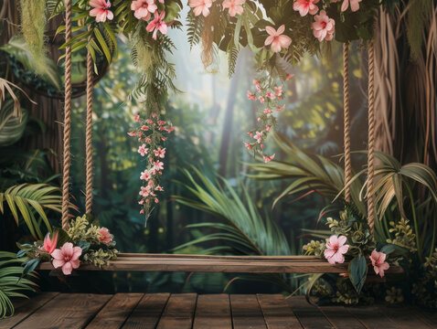 idem per  sfondo con  fiori tropicali , sfondo per inserimento bimbo neonato con altalena sospesa , fiori e foglie , sfondo estivo per manipolazioni fotografiche