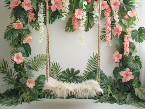 idem per  sfondo con  fiori tropicali , sfondo per inserimento bimbo neonato con altalena sospesa , fiori e foglie , sfondo estivo per manipolazioni fotografiche