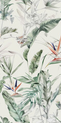 A botanical illustration featuring tropical foliage and bird of paradise flowers with a detailed, sketched style on a light background.