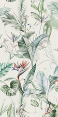 Elegant botanical pattern wallpaper featuring tropical leaves and flowers in a delicate color palette on a light background.