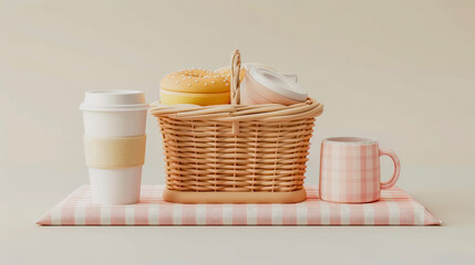 A picnic setup with a wicker basket, a sandwich, a cup of coffee, and a checkered napkin on a table.