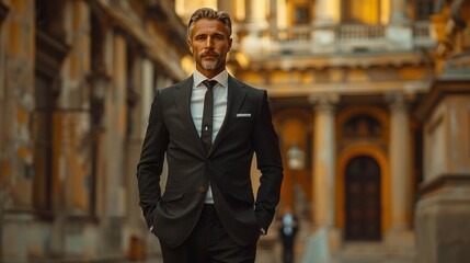 An elegant man in a classic black suit and tie, his posture impeccable, standing before an architectural marvel 