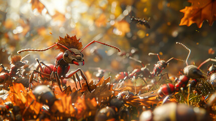 A 3D cartoon of a tiny army of ants, armed with leaf blades and acorn helmets, charging against a rival ant colony