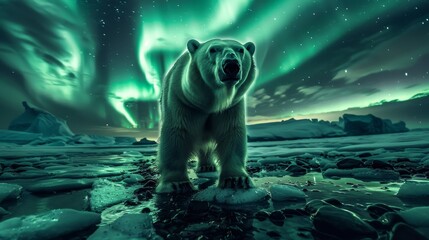 Majestic polar bear under northern lights on ice, emphasizing power with wide angle lens