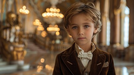 An elegant shot of a young boy in a tailored velvet blazer, his style refined and timeless, against the interior of a grand building
