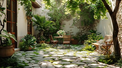 Courtyard with green plants stone pathway patio coffee table with chairs. Generative AI.