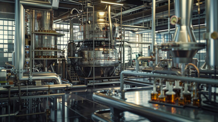 Fototapeta premium A busy chemical engineering lab with distillation columns and reaction vessels, currently at rest but ready to develop chemical processes for various industries