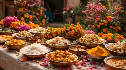 A traditional Basant feast displayed on a white tablecloth, showcasing the vibrant colors of the...