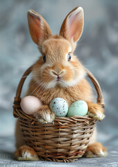 Fototapeta na wymiar Easter postcard, Easter bunny, fluffy bunny, easter greeting card, postal card, colorful eggs in an easter basket, postal card size standard 105*148 