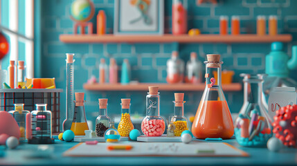 A detailed 3D render of a tiny school club faceoff, using craft materials and science projects as their arsenal