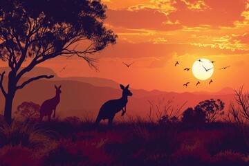 Fototapeta na wymiar Kangaroos hopping and a sunset in the background, AI generated